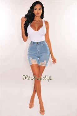 Vendor-unknown Light Blue Denim Distressed Frayed Hem Biker Shorts Just In