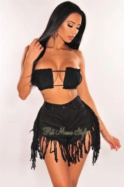 Vendor-unknown Black Denim High Waist Fringe Hem Shorts Just In