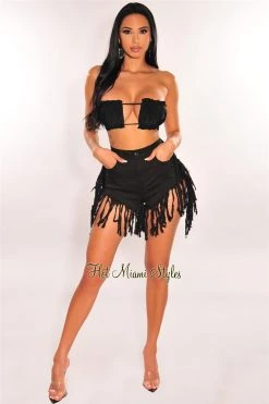 Vendor-unknown Black Denim High Waist Fringe Hem Shorts Just In