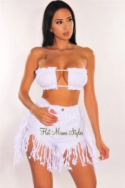 Vendor-unknown Just In White Denim High Waist Fringe Hem Shorts