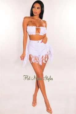 Vendor-unknown Just In White Denim High Waist Fringe Hem Shorts