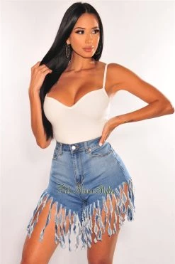 Vendor-unknown Just In Blue Denim High Waist Fringe Hem Shorts