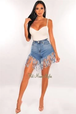 Vendor-unknown Just In Blue Denim High Waist Fringe Hem Shorts