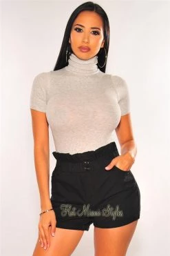 Vendor-unknown Black Denim Button Up Cuffed High Waist Paperbag Shorts Just In
