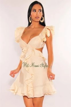 Vendor-unknown Cream V Neck Ruffle Cut Out Dress