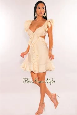 Vendor-unknown Cream V Neck Ruffle Cut Out Dress