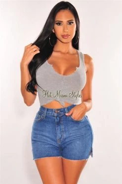 Vendor-unknown Just In Blue Denim High Waist Slit Frayed Hem Shorts
