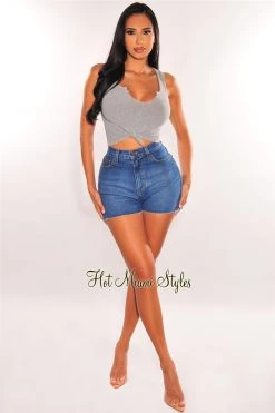 Vendor-unknown Just In Blue Denim High Waist Slit Frayed Hem Shorts