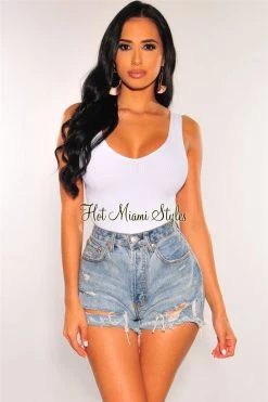 Vendor-unknown Light Denim Ripped Frayed Hem High Waist Button Up Shorts Just In
