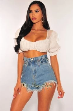 Vendor-unknown Just In Denim Wash Frayed Hem High Waist Paperbag Shorts