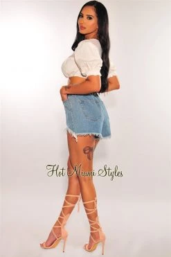 Vendor-unknown Just In Denim Wash Frayed Hem High Waist Paperbag Shorts