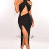 Vendor-unknown Black Halter CrissCross Cut Out Ruched Slit Maxi Dress
