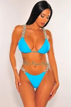 Vendor-unknown Aqua Jeweled Tie Up Padded Scrunch Butt Bikini Just In