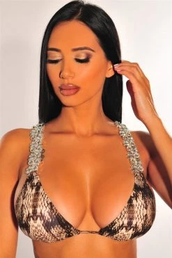 Vendor-unknown Brown Snake Print Jeweled Tie Up Padded Scrunch Butt Bikini Just In