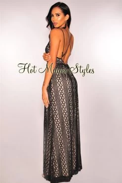Vendor-unknown Black Lace Nude Illusion CrissCross Maxi Dress