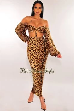 Vendor-unknown Just In Leopard Print Off Shoulder Long Sleeves Skirt Two Piece Set