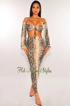 Vendor-unknown Just In Nude Snake Print Off Shoulder Long Sleeves Skirt Two Piece Set