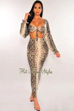 Vendor-unknown Just In Nude Snake Print Off Shoulder Long Sleeves Skirt Two Piece Set