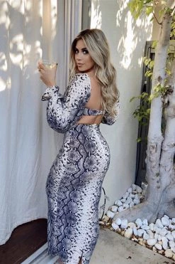 Vendor-unknown Just In Nude Snake Print Off Shoulder Long Sleeves Skirt Two Piece Set