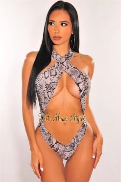 Vendor-unknown Just In Snake Print Cross Neck CrissCross Cut Out Swimsuit