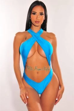 Vendor-unknown Just In Turquoise Cross Neck CrissCross Cut Out Swimsuit