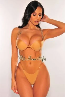 Vendor-unknown Champagne Rhinestone Padded Clear Straps Scrunch Butt Bikini Just In