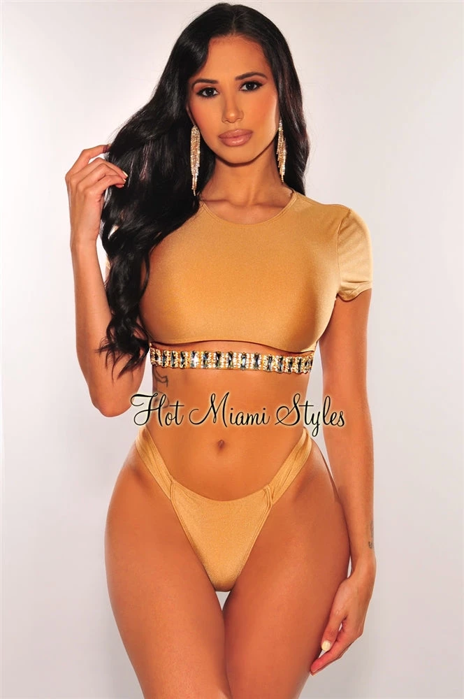 Vendor-unknown Just In Champagne Diamond Cut Out Crop Top Bikini