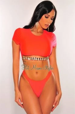 Vendor-unknown Just In Neon Coral Diamond Cut Out Crop Top Bikini