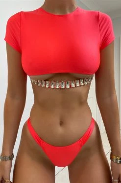 Vendor-unknown Just In Neon Coral Diamond Cut Out Crop Top Bikini