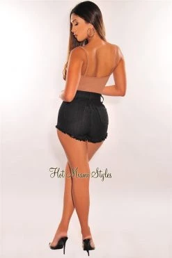 Vendor-unknown Just In Black Denim High Waist Frayed Hem Slit Shorts