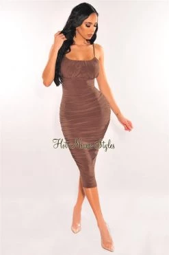 NIKIBIKI Chocolate Mesh Spaghetti Straps Ruched Dress