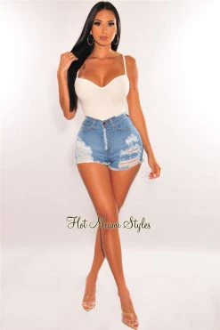 Vendor-unknown Light Denim High Waist Destroyed Frayed Hem Shorts Just In