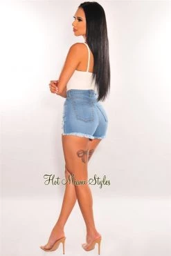 Vendor-unknown Light Denim High Waist Destroyed Frayed Hem Shorts Just In