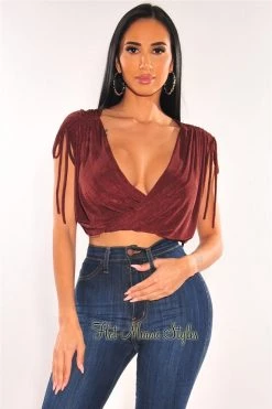 Orange Shine Burnt Toffee V Neck Draped Ruched Sleeveless Crop Top Just In