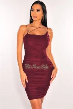 Vendor-unknown Just In Deep Wine Mesh Elastic Straps Ruched Dress