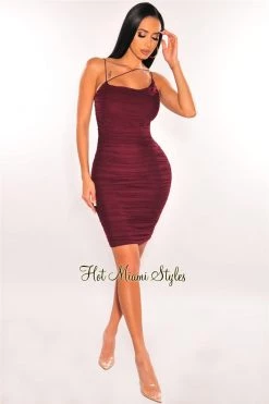 Vendor-unknown Just In Deep Wine Mesh Elastic Straps Ruched Dress