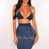 Vendor-unknown Just In Dark Denim Halter Triangle Top Frayed Skirt Two Piece Set