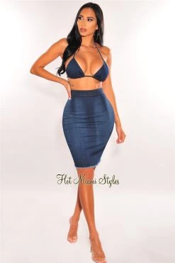 Vendor-unknown Just In Dark Denim Halter Triangle Top Frayed Skirt Two Piece Set