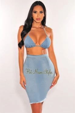 Vendor-unknown Just In Light Denim Halter Triangle Top Frayed Skirt Two Piece Set