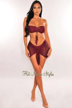 Vendor-unknown Wine Crochet Bandeau Lace Up Bikini Tie Up Skirt Three Piece Set
