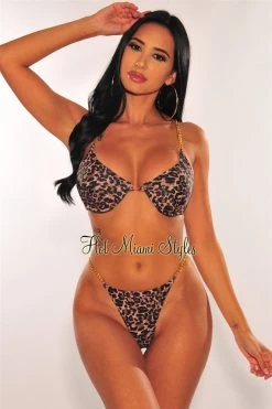 Vendor-unknown Just In Leopard Print Padded Gold Chain Bikini