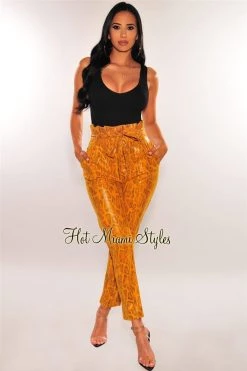 Vendor-unknown Mustard Faux Leather Snake Paperbag Belted Pants Just In