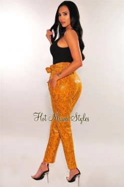 Vendor-unknown Mustard Faux Leather Snake Paperbag Belted Pants Just In