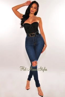 Orange Shine Black Faux Suede Bustier Padded Crop Top Just In