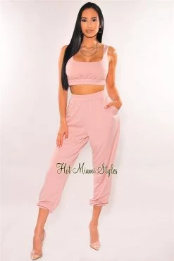 Vendor-unknown HMS Lounge: Rose Cropped Tank Joggers Two Piece Set