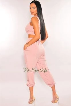 Vendor-unknown HMS Lounge: Rose Cropped Tank Joggers Two Piece Set