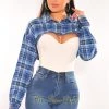Orange Shine Just In Blue Plaid Collared Long Sleeve Bolero Crop Top