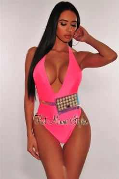 Vendor-unknown Just In Neon Pink Iridescent Pearl Fanny Pack Belted Swimsuit