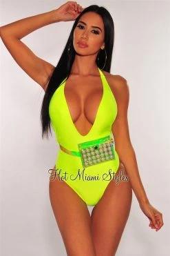 Vendor-unknown Neon Yellow Iridescent Pearl Fanny Pack Belted Swimsuit Just In