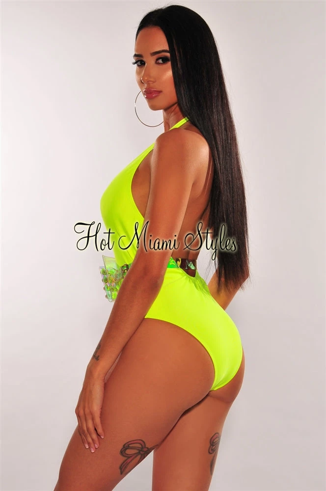 Vendor-unknown Neon Yellow Iridescent Pearl Fanny Pack Belted Swimsuit Just In